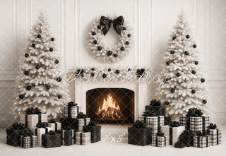 Kate Christmas Trees White Fireplace Black Gifts Bow Printed Backdrop Designed by Ashley Paul