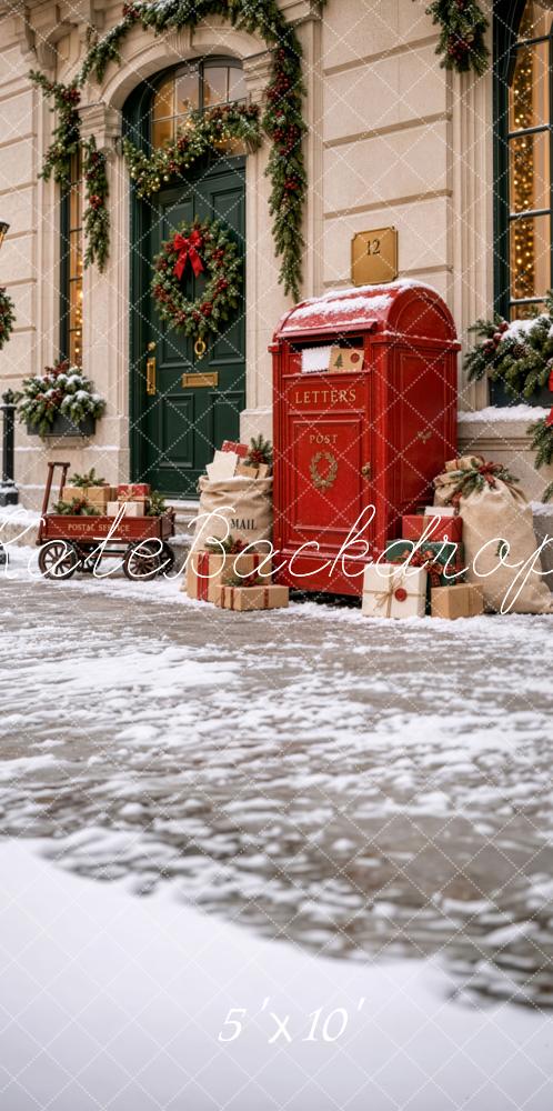 Kate Sweep Christmas City Street Snowy Red Mailbox Doorway Printed Backdrop Designed by Patty Roberts