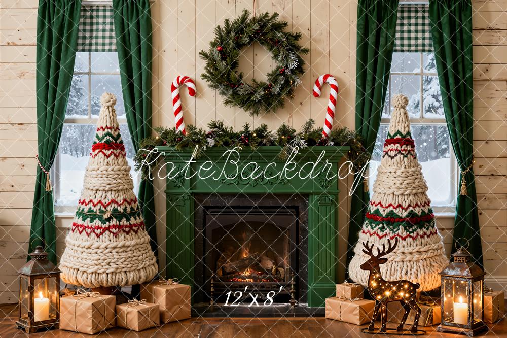 Kate Christmas Fireplace Yarn Trees Wreath Garland Presents Backdrop Designed by Emetselch