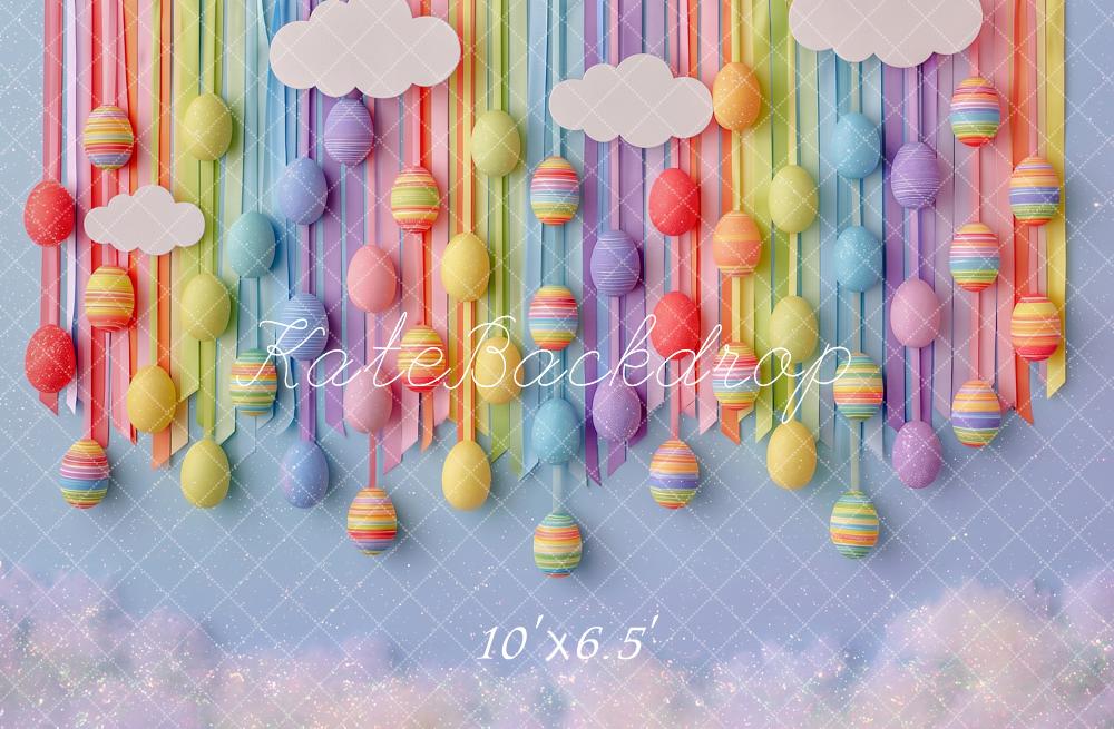 Kate Easter Kids Hanging Eggs Rainbow Clouds Printed Backdrop Designed by Angela Miller