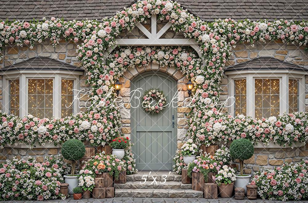Kate Spring Flower Arch Stone Cottage Door Printed Backdrop Designed by Mini MakeBelieve