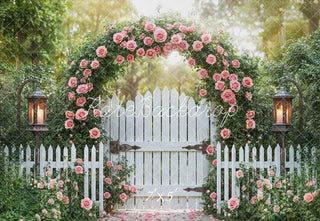 Kate Spring Valentines Flower Arch White Picket Fence Lantern Printed Backdrop Designed by Emetselch