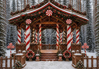 Kate Christmas Candy Cane Cabin Snowy Forest Printed Backdrop Designed by Vertigo Productions