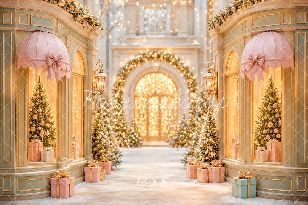 Kate Christmas Shop Windows Christmas Trees Pink Gold Gifts Snow Printed Backdrop Designed by Emetselch
