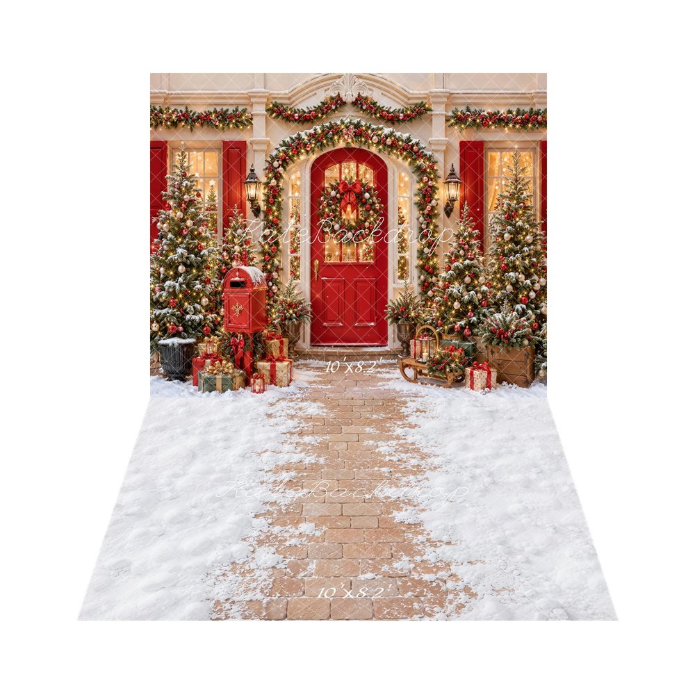 Kate Christmas Red Door Wreath Garland Trees Mailbox Printed Backdrop+Winter Snow Brick Floor Printed Backdrop