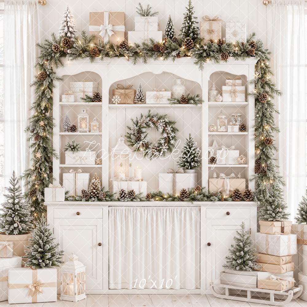 Kate Christmas Cabinet Garland Gifts Pinecones White Printed Backdrop Designed by Emetselch