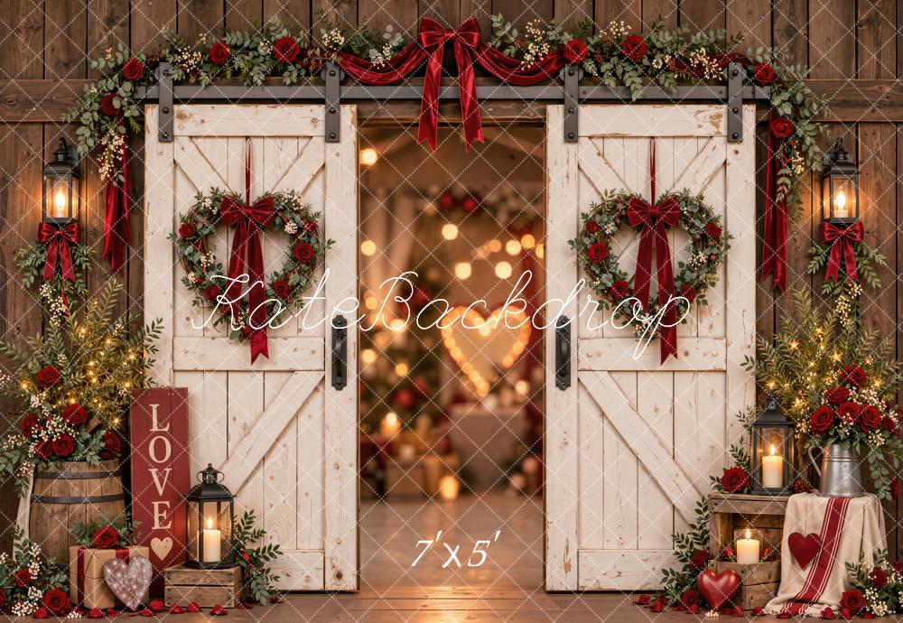 Kate Valentine's Day Rustic Barn Doors Roses Heart Wreath Printed Backdrop Designed by Emetselch