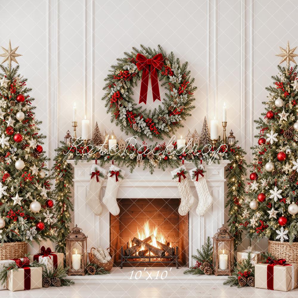 Kate Christmas Fireplace Trees Wreath Stockings White Printed Backdrop Designed by Emetselch