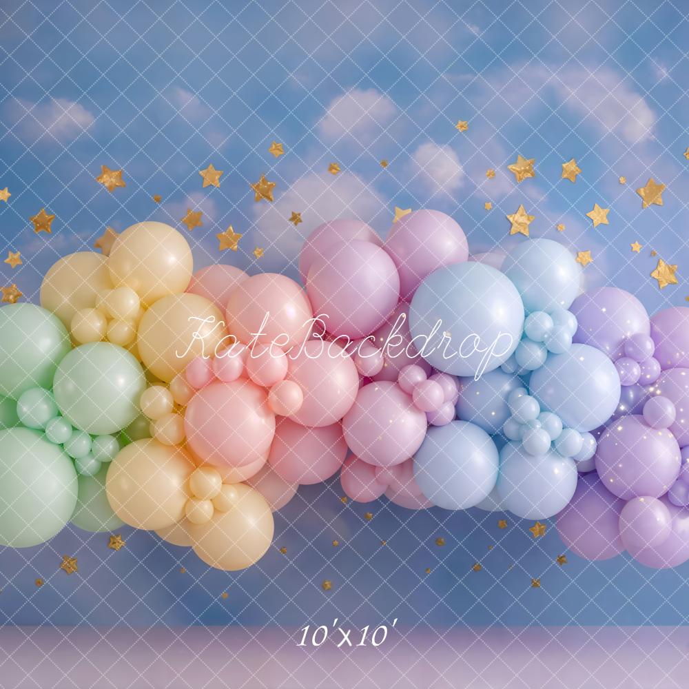 Kate Cake Smash Pastel Rainbow Balloon Garland Sky Stars Printed Backdrop Designed by Emetselch