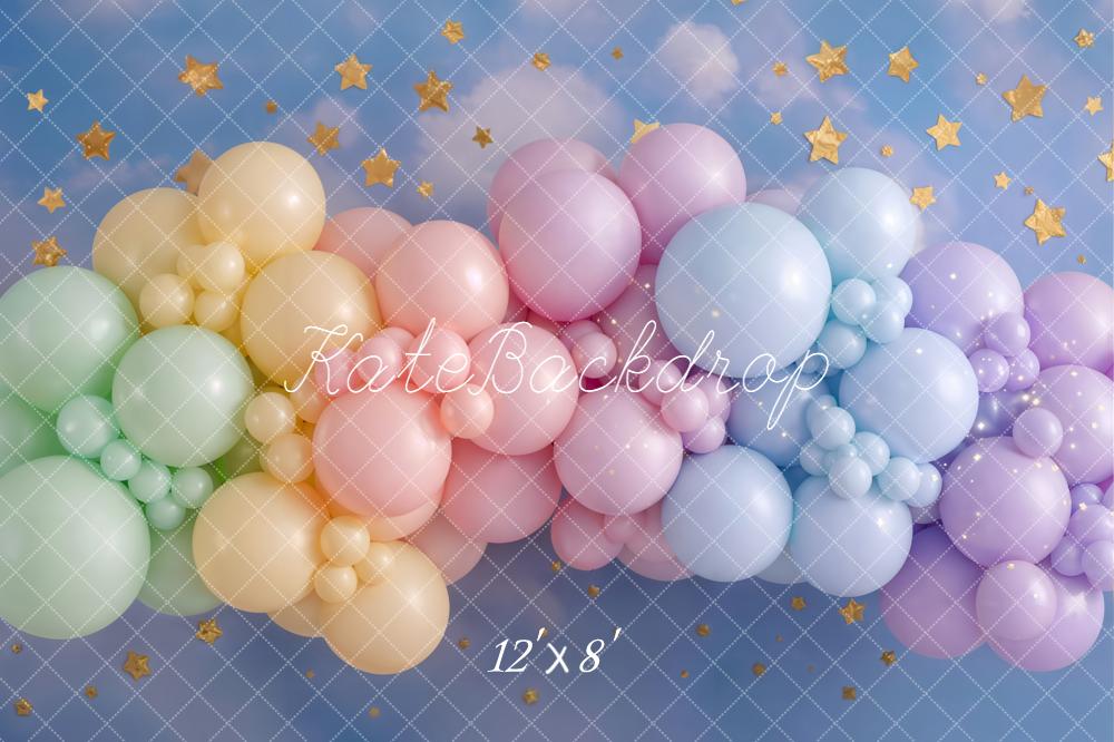 Kate Cake Smash Pastel Rainbow Balloon Garland Sky Stars Printed Backdrop Designed by Emetselch