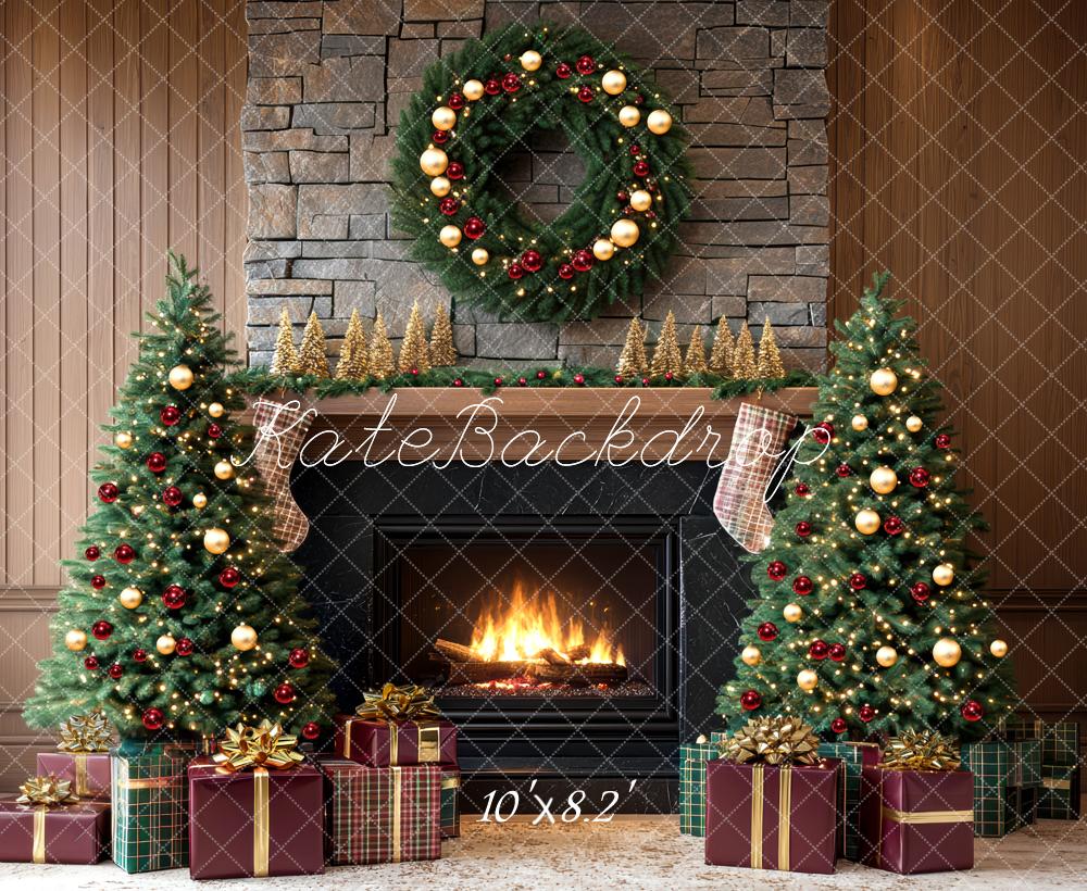 Kate Christmas Tree Brick Fireplace Wreath Brown Backdrop Designed by Mini MakeBelieve