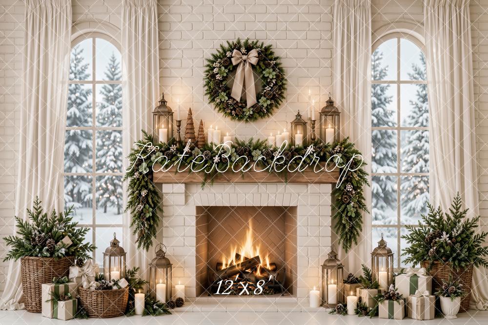 Kate Christmas White Brick Fireplace Wreath Arched Window Printed Backdrop Designed by Emetselch