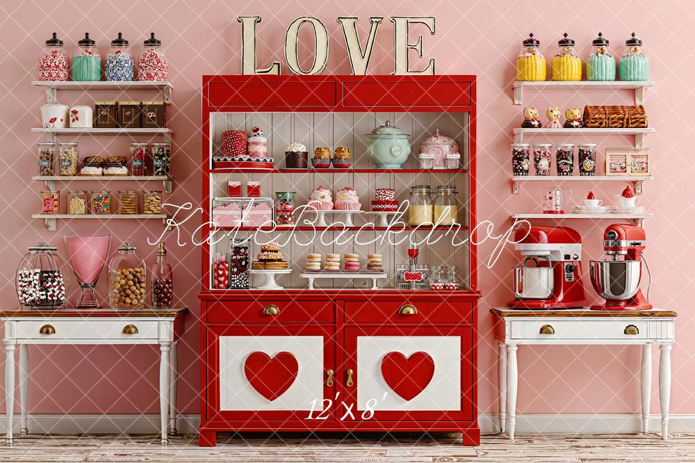Kate Valentine's Day Red Cabinet Heart Candy Bar Shelves Backdrop Designed by Emetselch