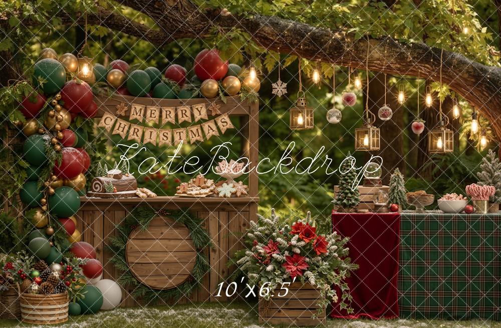 Kate Christmas Branch Arch Dessert Table Outdoor Green Red Balloons Printed Backdrop Designed by Emetselch