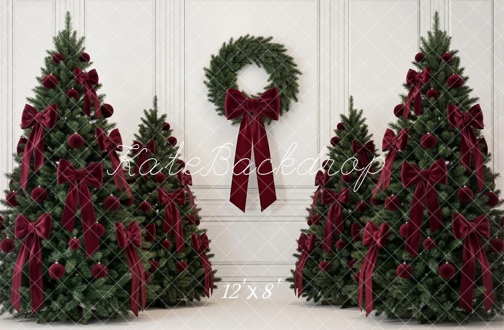 Kate Christmas Trees Burgundy Bows Wreath White Wall Printed Backdrop Designed by Emetselch