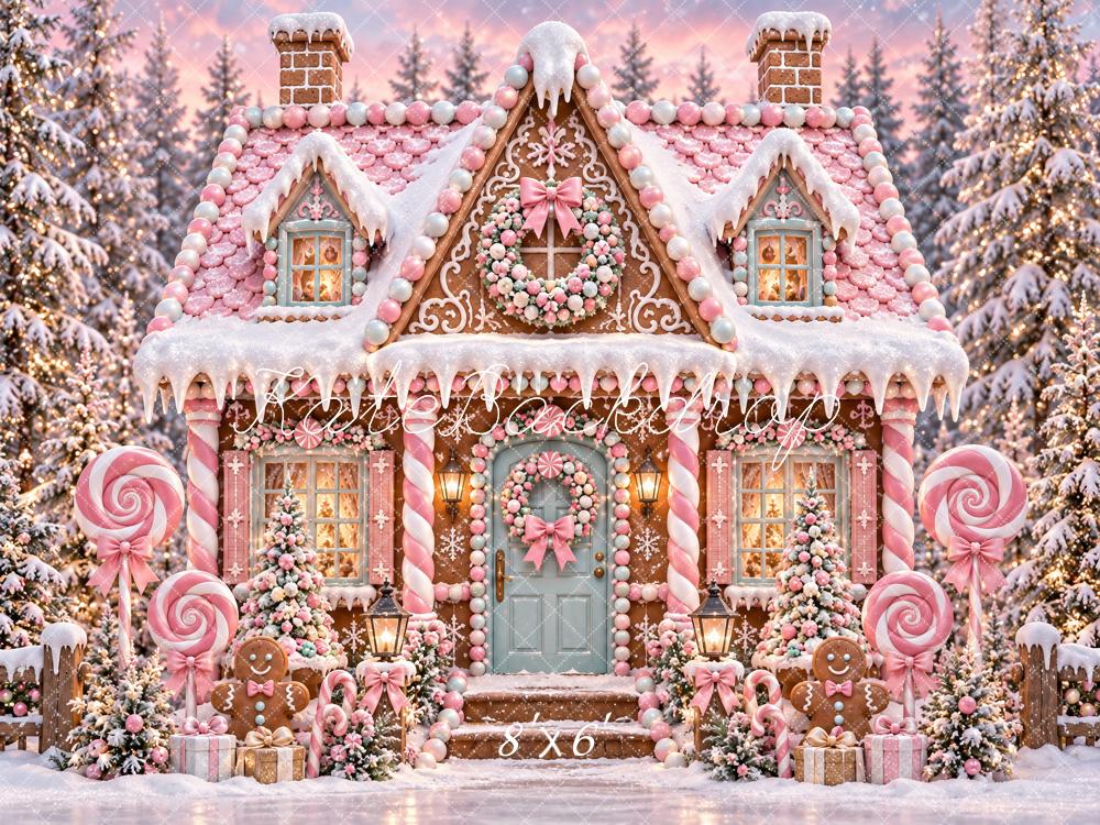 Kate Christmas Pink Gingerbread House Candy Cane Snowy Printed Backdrop Designed by Ashley Paul