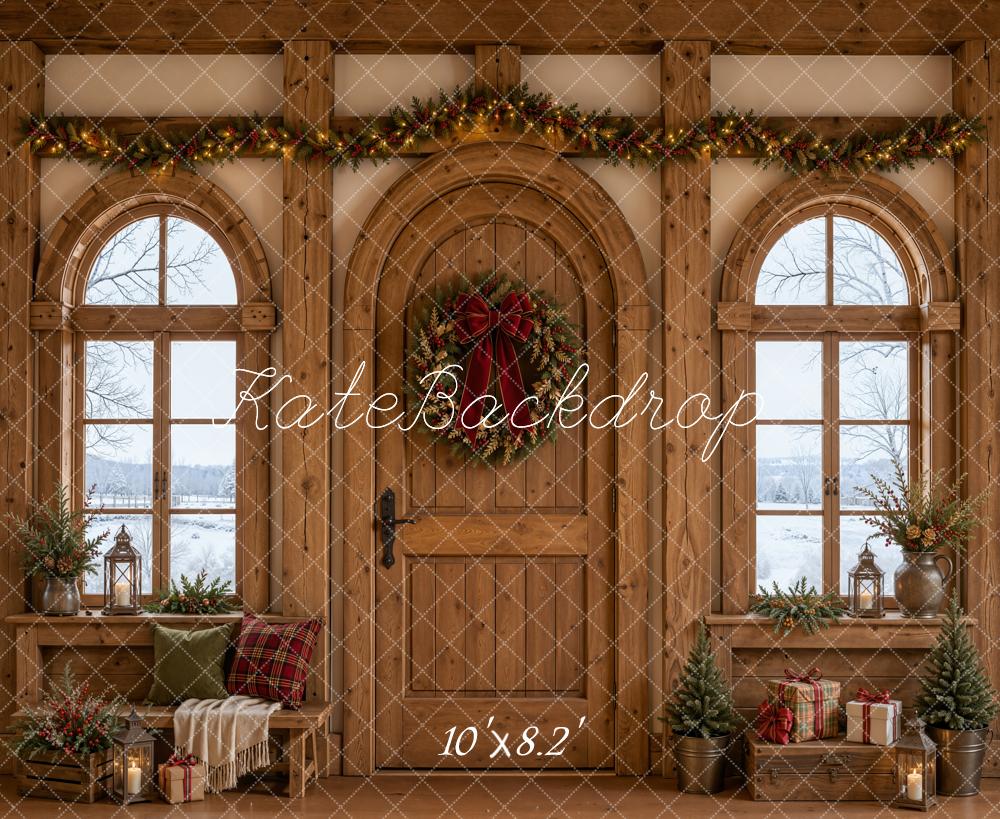 Kate Christmas Rustic Wooden Door Garland Arched Windows Gifts Printed Backdrop Designed by Emetselch