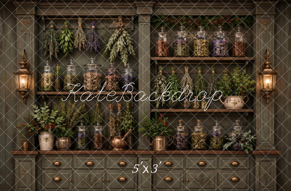 Kate Apothecary Cabinet Herbs Jars Greenery Printed Backdrop Designed by Vertigo Productions