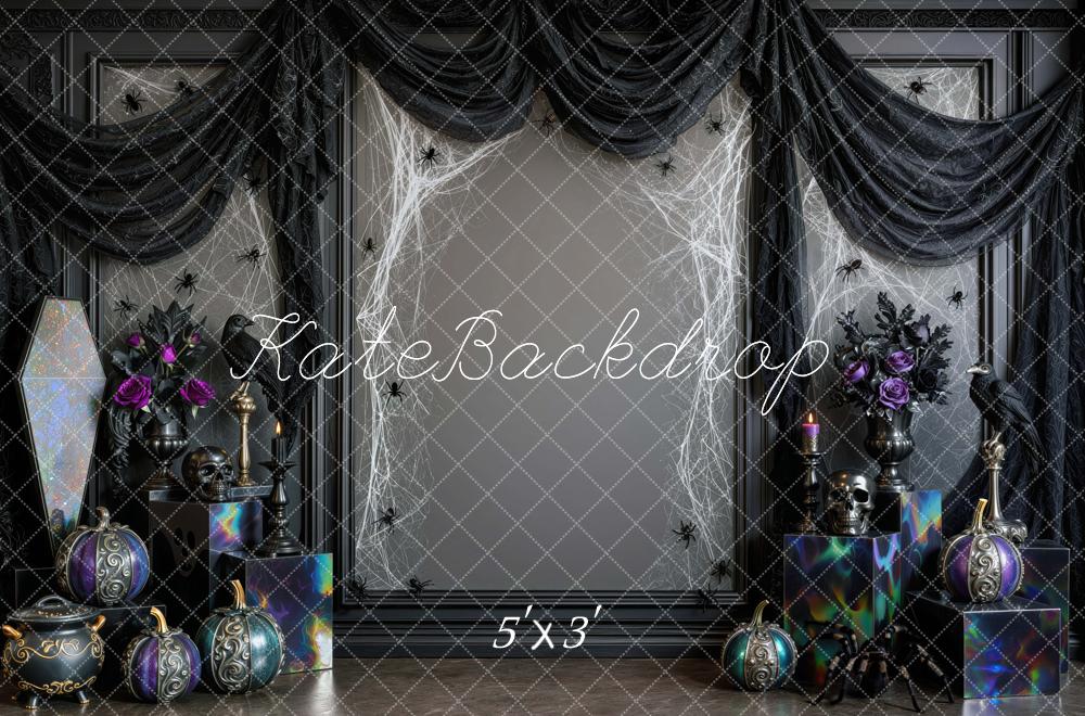 Kate Halloween Gothic Spider Web Skull Pumpkins Black Drapes Printed Backdrop Designed by Mini MakeBelieve