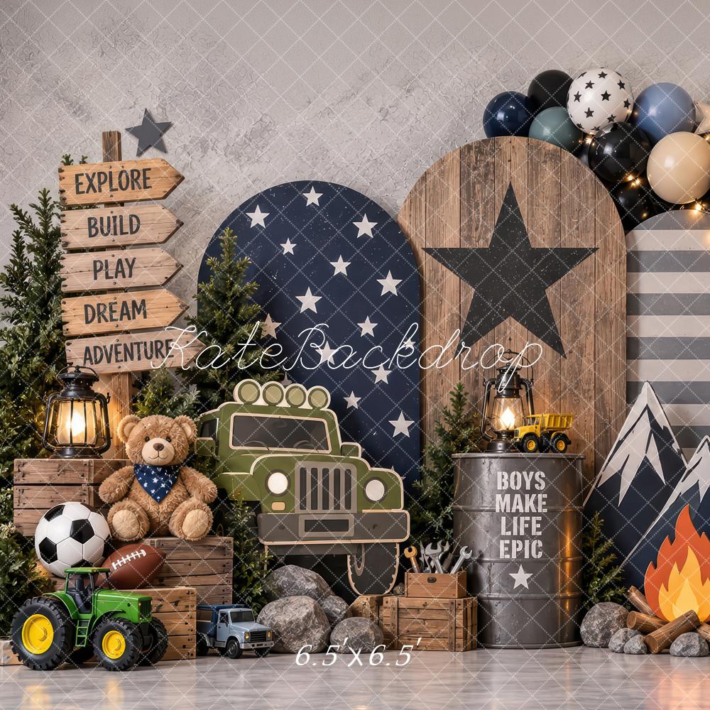 Kate Cake Smash Boys Adventure Rocket Campfire Gray Printed Backdrop Designed by Laura Bybee
