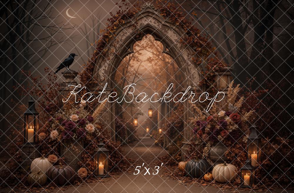 Kate Halloween Gothic Arch Pumpkins Flowers Candles Printed Backdrop Designed by Jordan Moon