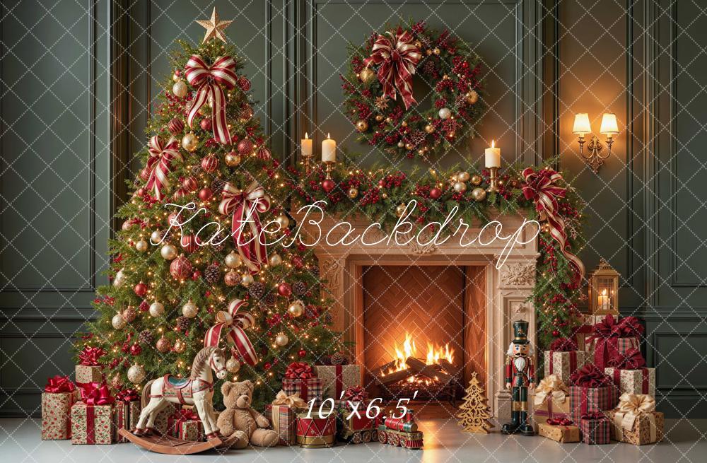 Kate Christmas Tree Fireplace Striped Wreath Gifts Green Printed Backdrop Designed by Mini MakeBelieve