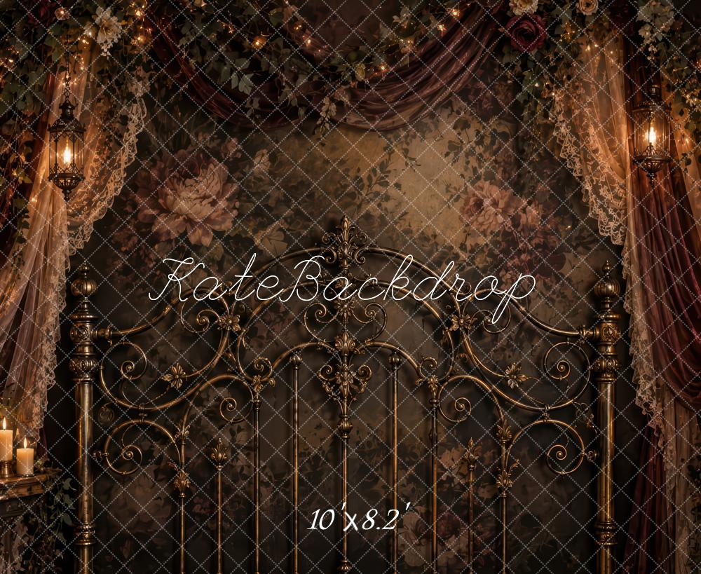 Kate Vintage Brown Gothic Headboard Floral Drapes Printed Backdrop Designed by Laura Bybee
