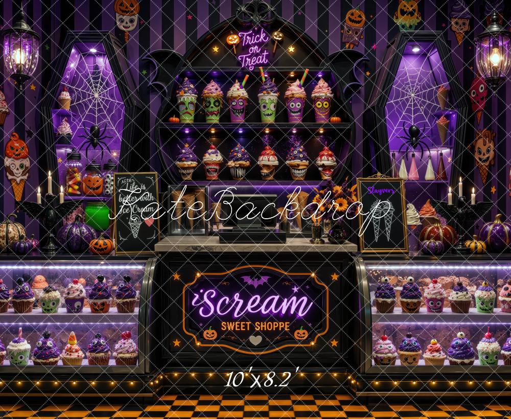 Kate Halloween Ice Cream Purple Shoppe Cupcakes Display Cabinet Printed Backdrop Designed by Mini MakeBelieve