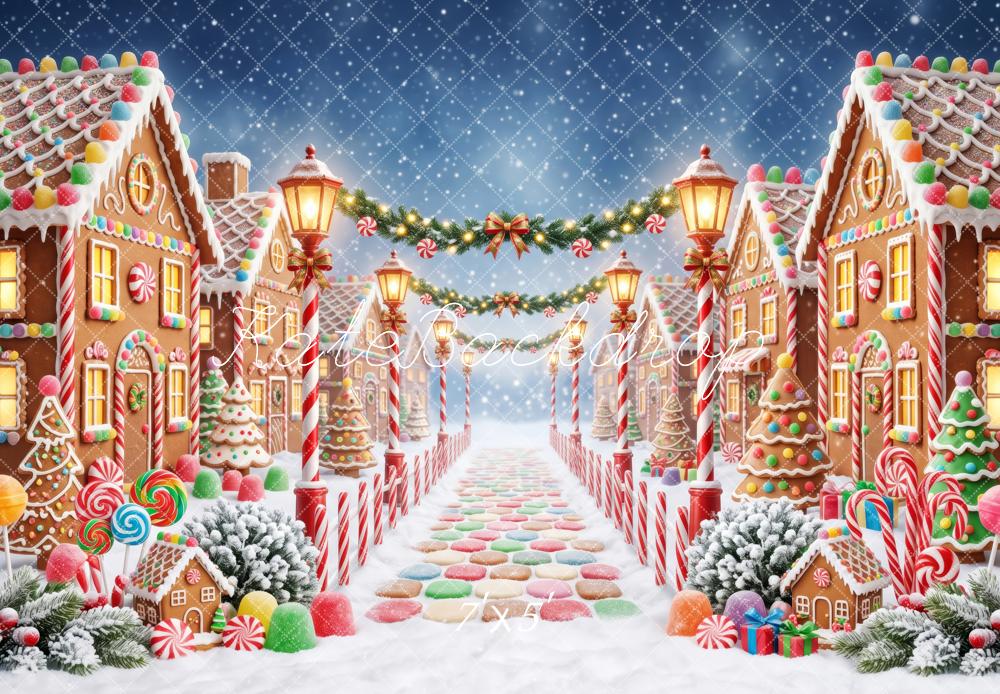 Kate Christmas Gingerbread Street Candy Village Snow Printed Backdrop Designed by Patty Roberts