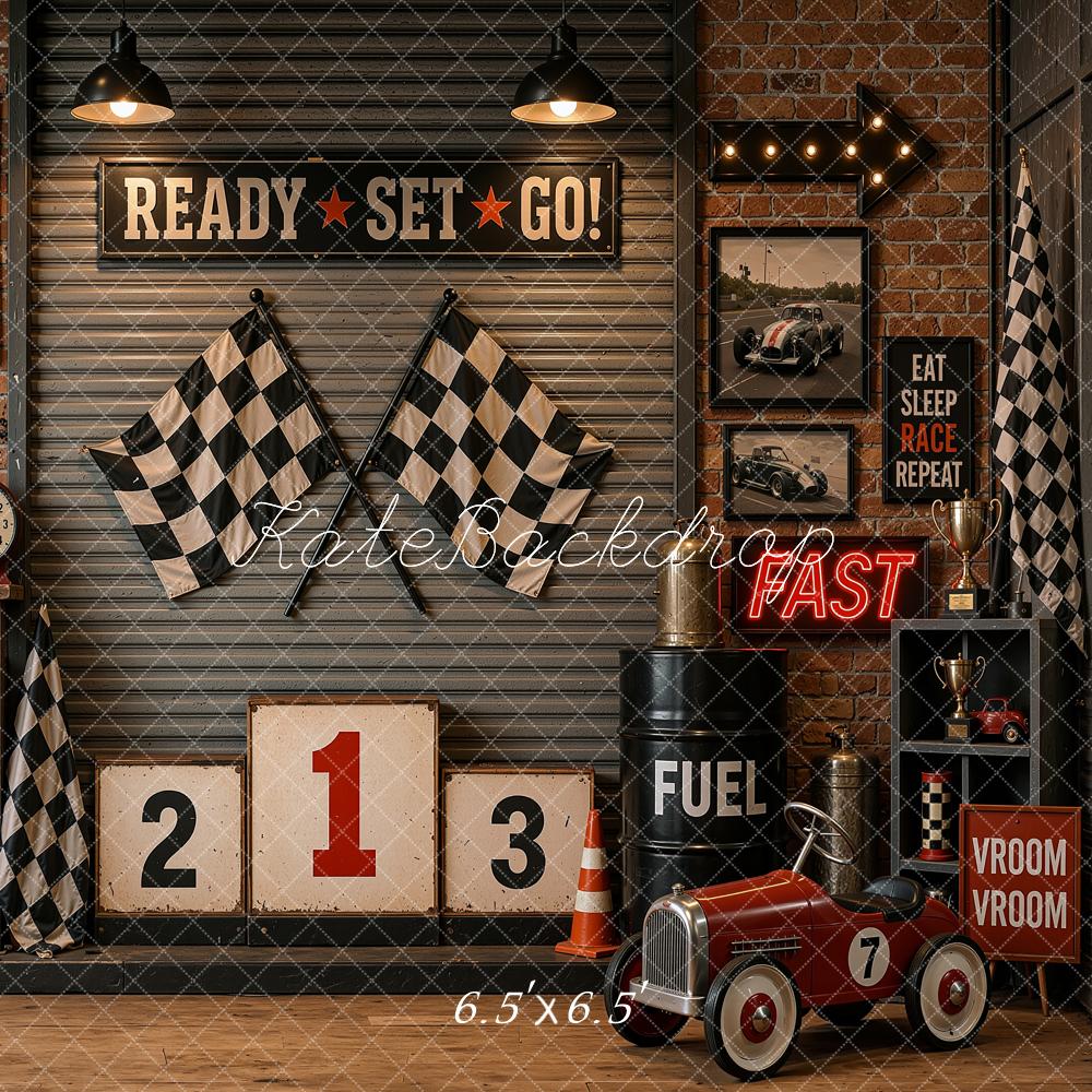 Kate Vintage Racing Garage Vintage Pedal Car Checkered Flags Printed Backdrop Designed by Shutter Swan Studios