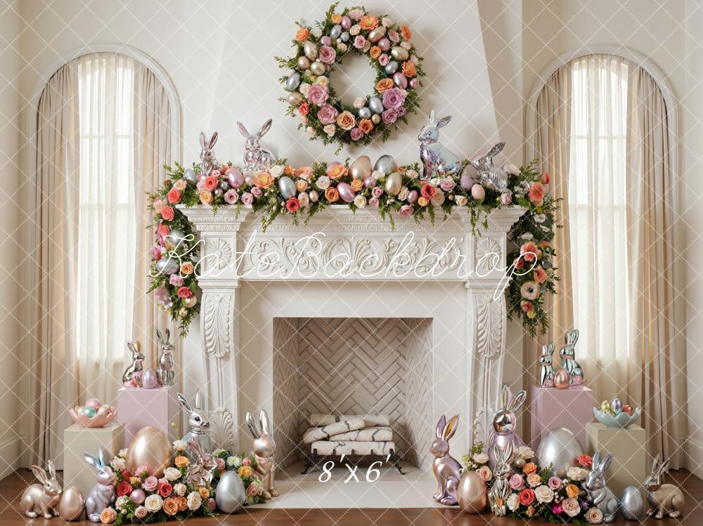 Kate Easter Bunny Pastel Eggs Floral Fireplace Backdrop Designed by Mini MakeBelieve