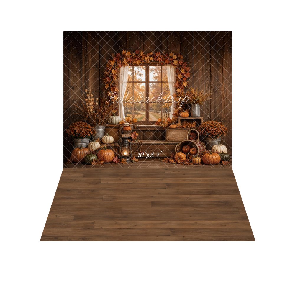 Kate Fall Pumpkins Window Maple Leaves Rustic Wood Printed Backdrop+Brown Wood Floor Printed Backdrop