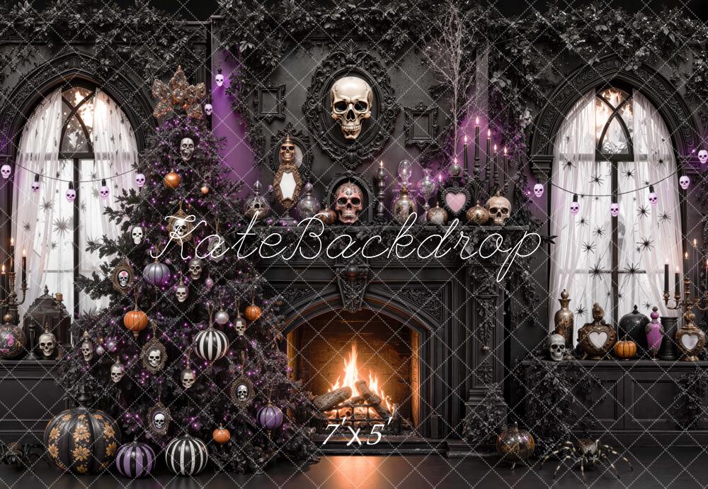 Kate Halloween Gothic Fireplace Skull Tree Black Printed Backdrop Designed by Mini MakeBelieve