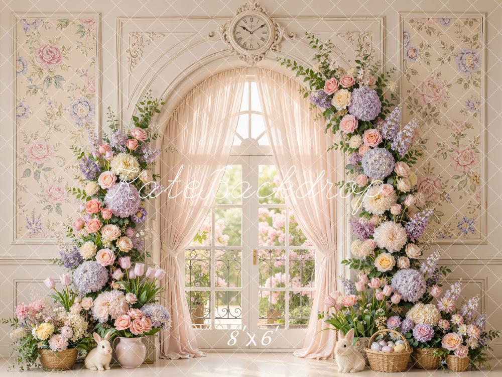Kate Easter Spring Floral Arch Vintage Window Clock Bunny Printed Backdrop Designed by Emetselch