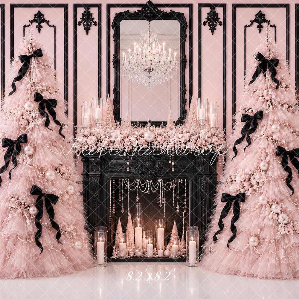 Kate Pink Fluffy Tulle Christmas Trees Black Fireplace Chandelier Printed Backdrop Designed by Ashley Paul