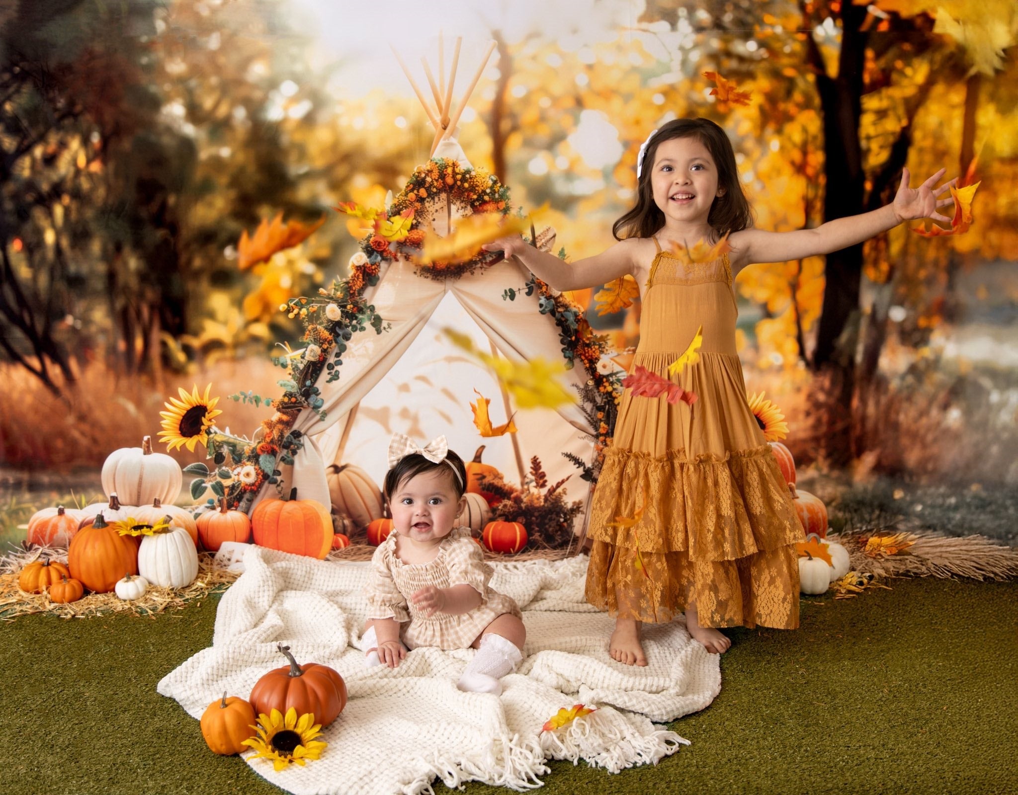 Kate Fall White Teepee With Sunflowers And Pumpkins Backdrop Designed by Patty Robert