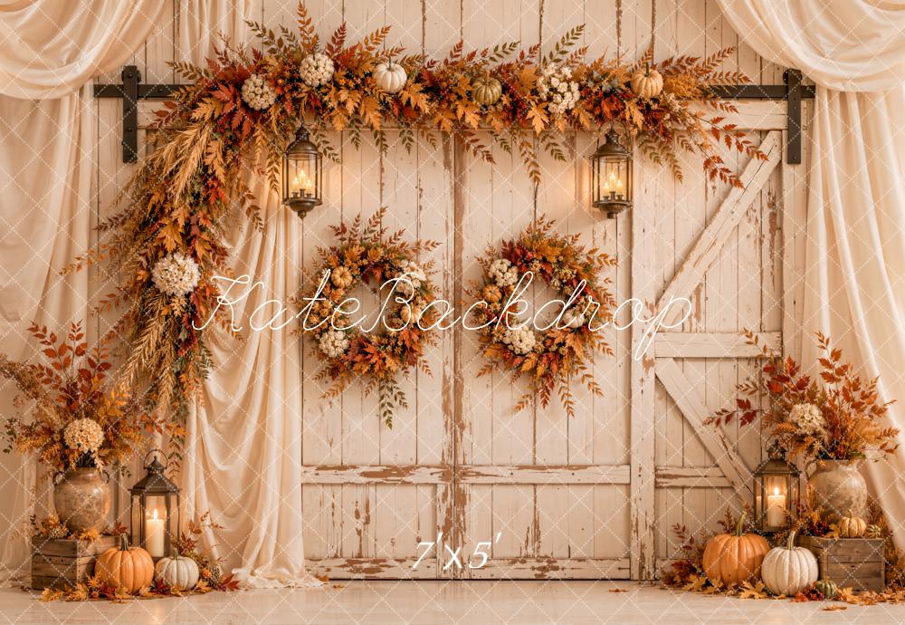 Kate Fall Floral Rustic Barn Door Pumpkins White Drapes Printed Backdrop Designed by Emetselch
