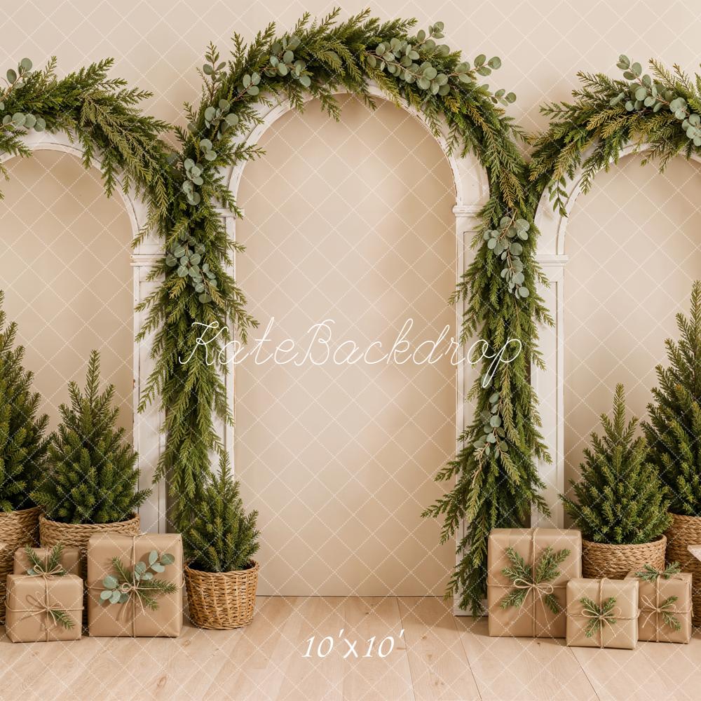 Kate Christmas Greenery Arches Gift Boxes Beige Printed Backdrop Designed by Emetselch