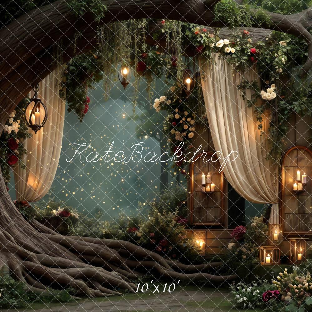 Kate Fairy Fantasy Tree Drapes Flowers Candles Printed Backdrop Designed by Mini MakeBelieve