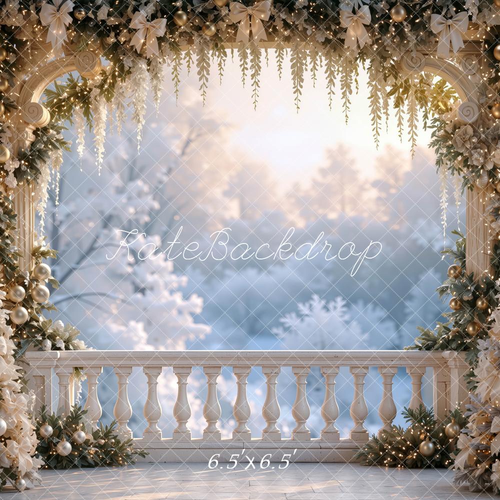 Kate Christmas Balcony White Gold Garland Trees Arch Printed Backdrop Designed by Mini MakeBelieve
