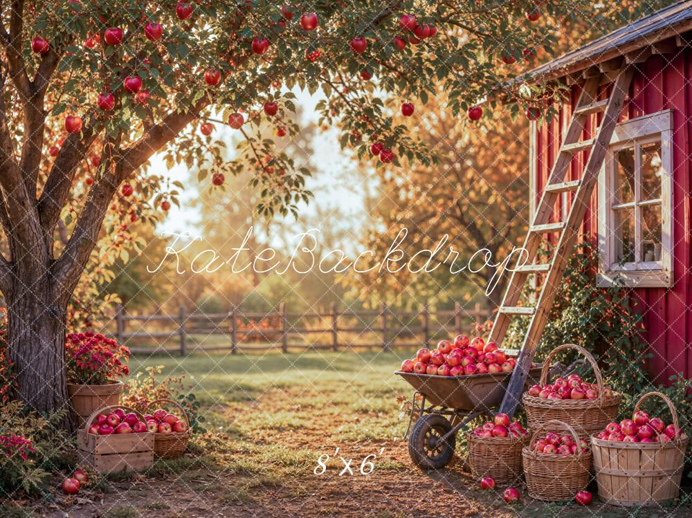 Kate Fall Apple Orchard Tree Red Barn Ladder Baskets Printed Backdrop Designed by Emetselch