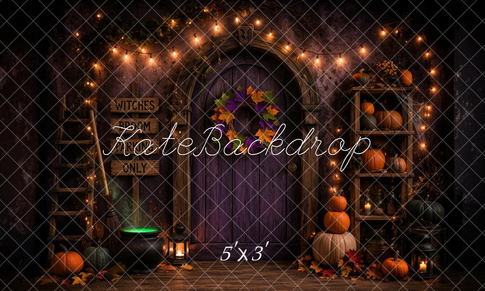 Kate Halloween Witch Doorway Pumpkins Shelf Printed Backdrop Designed by Ashley Ward