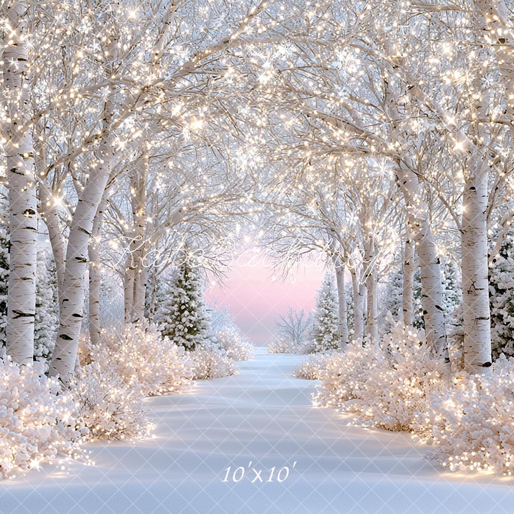 Kate Winter Wonderland Snowy Birch Forest Lights Path Printed Backdrop Designed by Angela Miller