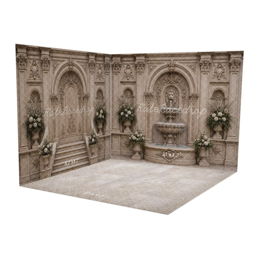 Kate Vintage Fine Art Stone Fountain Floral Columns Printed Backdrop Room Set