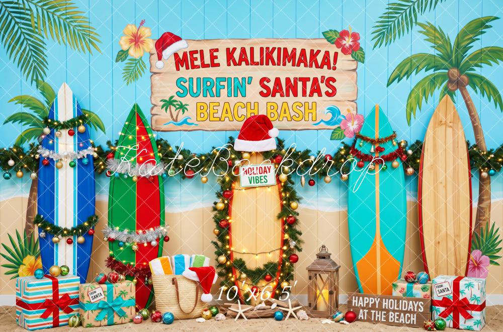 Kate Christmas Surfboards Surfing Santa’s Beach Bash Garland Printed Backdrop Designed by Patty Roberts