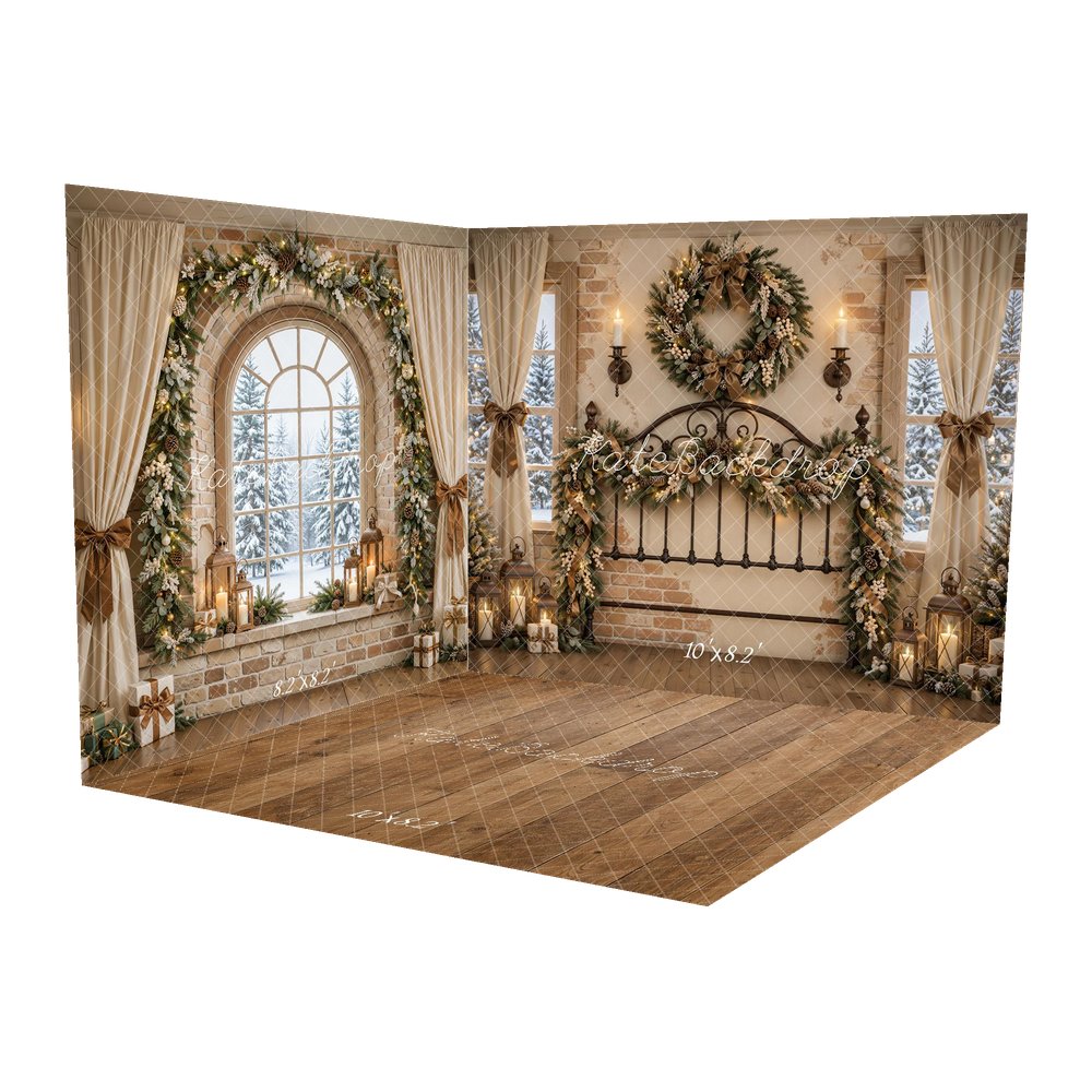 Kate Christmas Wrought Iron Headboard Wreath Garland Window Printed Backdrop Room Set