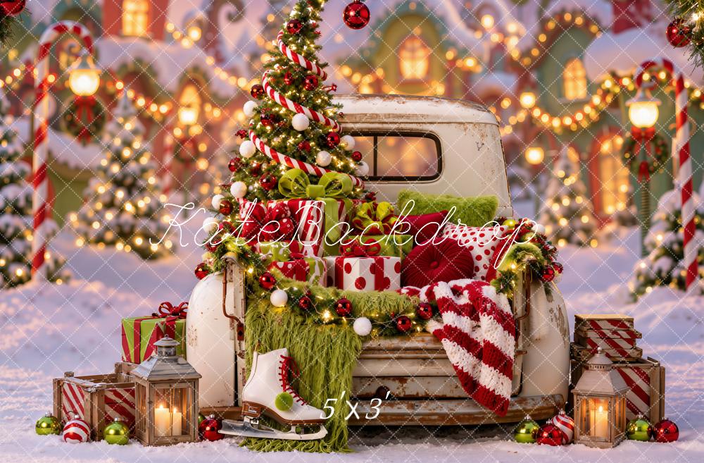 Kate Christmas Fantasy Truck Whoville Tree Gifts Ice Skates Printed Backdrop Designed by Emetselch