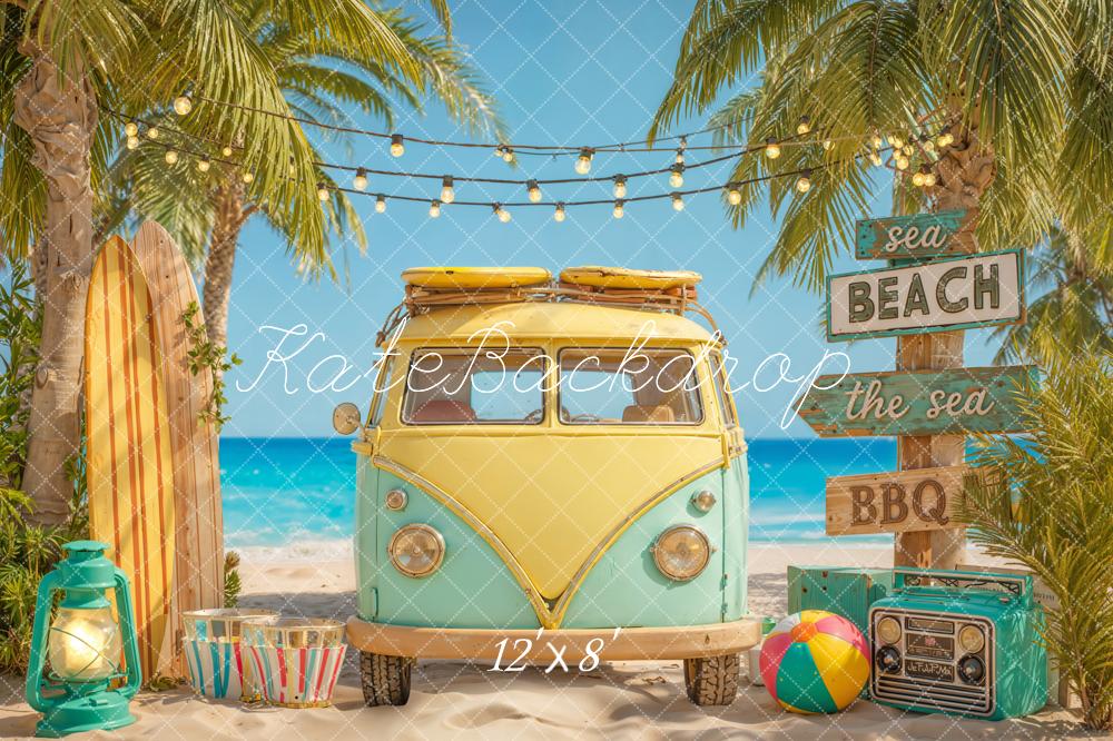 Kate Summer Beach Van Surfboard Palm Trees Printed Backdrop Designed by Emetselch