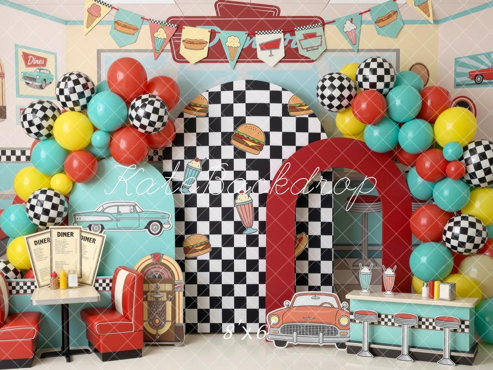 Kate Cake Smash Retro Diner Checkered Wall Balloons Booth Bar Counter Printed Backdrop Designed by Mini MakeBelieve