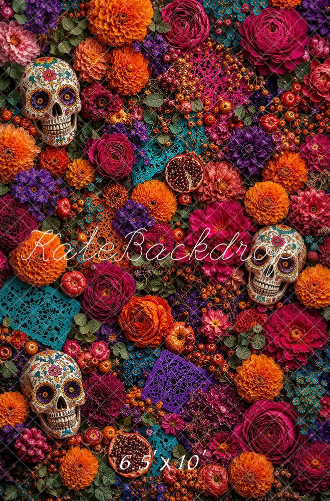 Kate Day of the Dead Sugar Skull Floral Marigold Printed Backdrop Designed by Ashley Ward